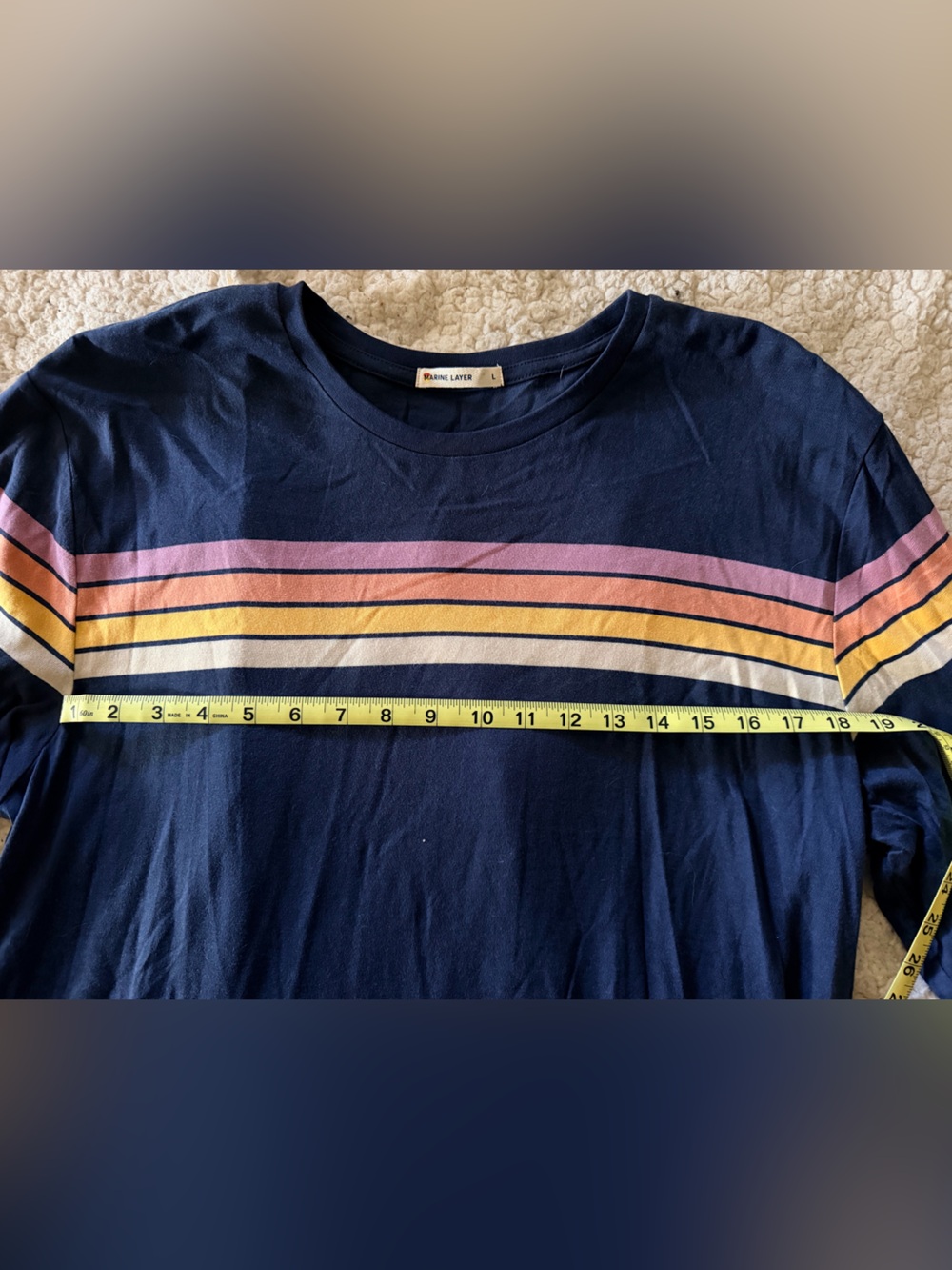 Marine Layer Navy Crewneck Sweater with Pink, Yellow and Cream Stripes - Picture 4 of 4